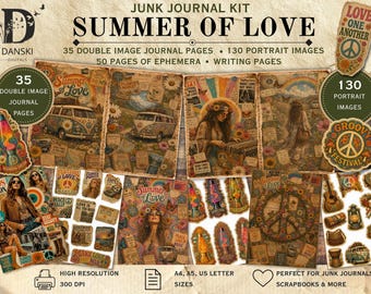 Summer of Love Junk Journal Kit, Hippie Printable, Flower Power Ephemera, Retro 70s Journal Pages, Boho Scrapbook Kit,  Digital Download