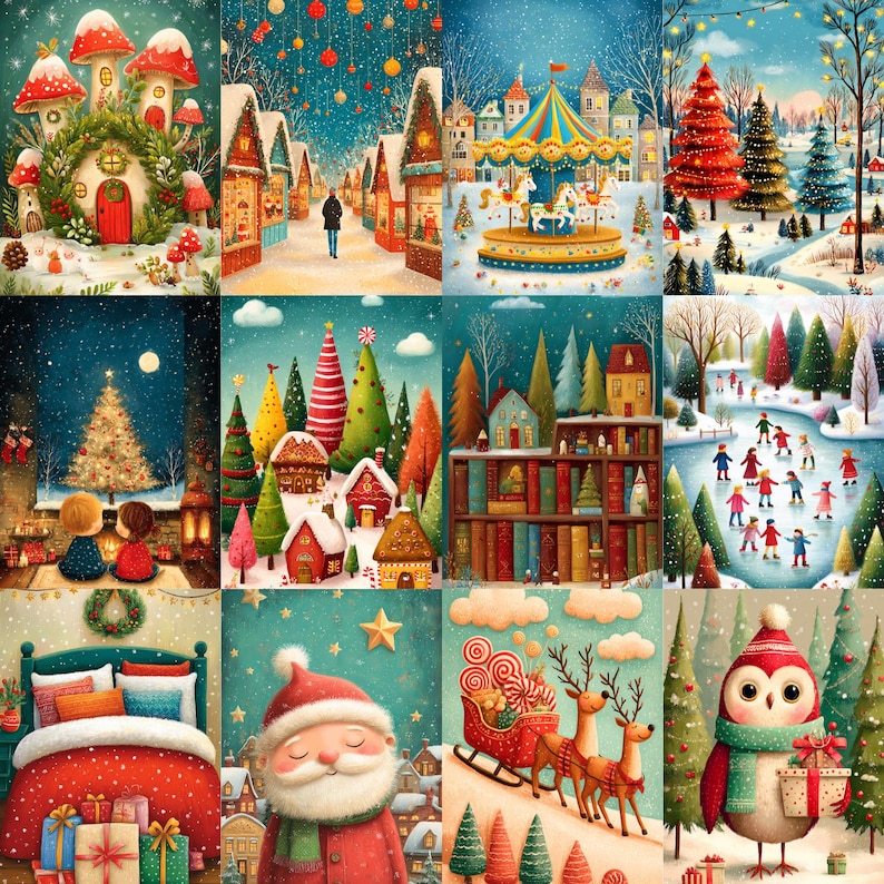 May include: A collage of twelve festive Christmas illustrations featuring snowy landscapes, a carousel, a decorated bedroom, Santa Claus, reindeer with a sleigh, a decorated owl, a cozy fireplace, a village, and a whimsical mushroom house.
