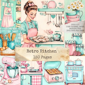 Könnte beinhalten: Aquarellillustration einer Retro-Küche in Pastellfarben. Eine Frau in einer rosa Schürze hält ein Tablett mit Keksen. Das Bild enthält Küchenutensilien, Geräte und den Text "Retro Kitchen 150 Pages".