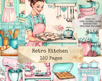 Retro Küche Junk Journal, Koch Journal, Küche Ephemera, Rezept Journal, Vintage Junk Journal Seiten, Scrapbook Papier, digitaler Download