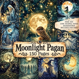 May include: A digital collection of 150 pages titled Moonlight Pagan, featuring various illustrations of figures, trees, and landscapes under full moons. Text includes Moonlight Pagan 150 Pages and Over 500 Junk Journal Paper Backgrounds Included For Free.