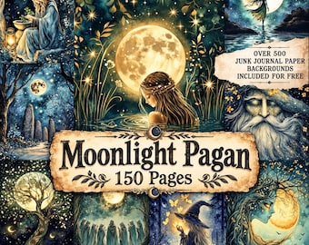 Moonlight Pagan Junk Journal Pages, Witch Printable, Mystic Moon Backgrounds, Celestial Collage Sheet, Grimoire, Digital Scrapbook Paper