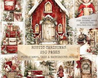 Rustic Christmas Junk Journal Kit with High Quality Printables, Digital Scrapbook Supplies, and Bonus Stamp, Tag Clip Art Images