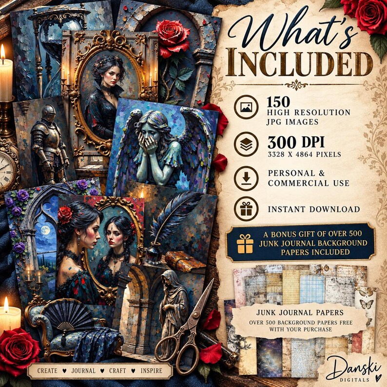 May include: A digital collection featuring 150 high-resolution JPG images at 300 DPI, 3328 x 4864 pixels, including gothic-themed portraits, knights, and angels. Includes a bonus of over 500 junk journal background papers for personal and commercial use.