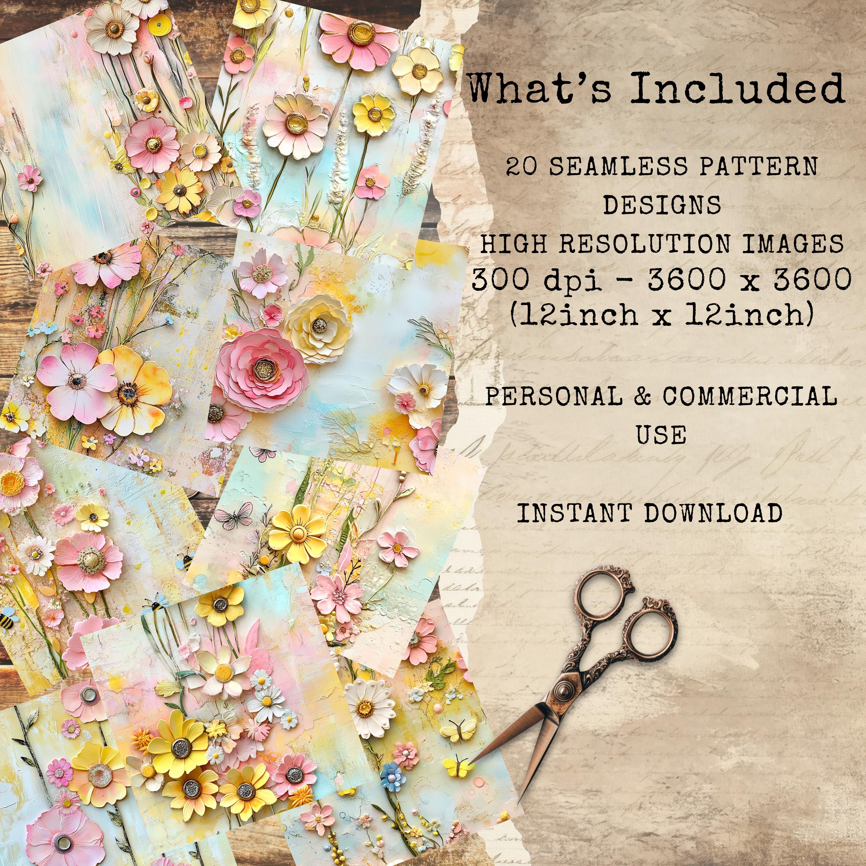 3D Flower Seamless Pattern, Layered Art, Floral Digital Junk Journal ...