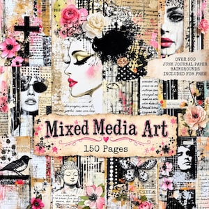 Peut inclure: Un livre d'art mixed media de 150 pages avec des pages style collage, du texte vintage, des portraits en noir et blanc, des accents floraux roses, une croix, un papillon et une statue de Bouddha. La couverture porte le texte Mixed Media Art 150 Pages.