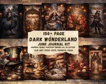 Dark Gothic Alice In Wonderland Junk Journal Kit, Alice Ephemera, Vintage Grunge Papers, Gothic Clipart, Printable Journal Pages Kit
