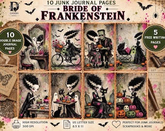 Páginas para Diário de Sucata da Noiva de Frankenstein, Páginas para Diário de Halloween Gótico, Imprimíveis Assustadores, Terror Vintage, Download Digital