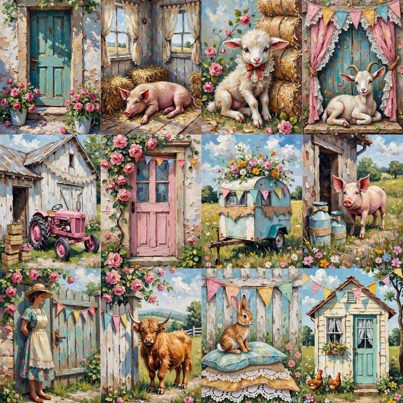 May include: A collage of idyllic farm scenes. Features include a pink tractor, a lamb with a red bow, a pig, a rabbit on pillows, a cow, and a small trailer decorated with flowers. Doors and buildings are adorned with flowers.
