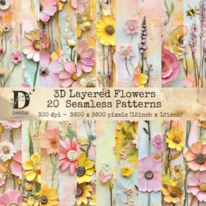 Peut inclure: Une œuvre d'art numérique présentant des fleurs 3D superposées de couleurs variées, notamment rose, jaune et blanc. L'image est divisée en panneaux verticaux avec un fond texturé. Le texte indique "3D Layered Flowers, 20 Seamless Patterns, 3600 x 3600 pixels (30.48cm x 30.48cm)".