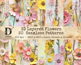 3D Flower Seamless Pattern, Layered  Art, Floral Digital Junk Journal Kit, Decoupage Paper, Pastel Flowers, Scrapbook, Digital Download