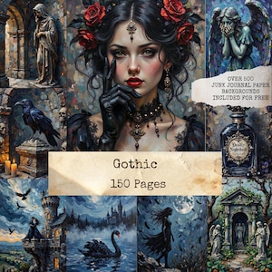 Páginas de diario gótico, efímeros góticos oscuros, arte gótico victoriano, estilo vintage melancólico, efímeros imprimibles, scrapbooking, descarga digital