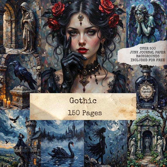 Gothic Junk Journal Pages, Dark Gothic Ephemera, Victorian Gothic Art, Moody Vintage, Printable Pages, Scrapbooking, Digital Download