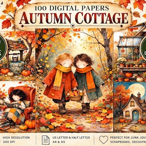 以下が含まれることがあります： 100 DIGITAL PAPERS AUTUMN COTTAGEというタイトルのデジタルコレクション。秋の服装をした子供たち、カボチャ、居心地の良いコテージ、黒猫などの様々なイラストが描かれています。このセットには、ダウンロード可能な100枚の高解像度デジタルペーパーが含まれています。