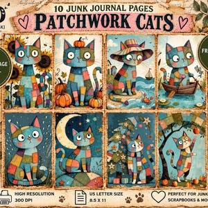 Puede incluir: Una colección digital de 10 páginas de diario basura titulada Patchwork Cats con ilustraciones de gatos de patchwork azul en varias escenas que incluyen girasoles, calabazas, un barco, una luna y árboles frutales.