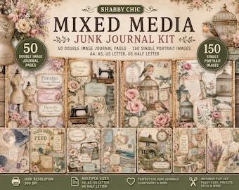 Shabby Chic Junk Journal Kit, Vintage Ephemera Bundle, Floral Printable Journal Pages, Cottagecore Papers, Mixed Media Kit
