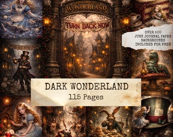 Dark Wonderland Junk Journal Kit, Alice in Wonderland Ephemera, Gothic Printable Journal Pages, Vintage Fantasy Papers, Digital Download