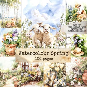 Può includere: Illustrazioni ad acquerello di scene primaverili, tra cui agnelli, fiori e un cervo. Il testo "Watercolour Spring" e "100 pages" è visibile. Altre immagini mostrano giardinaggio e un gatto.