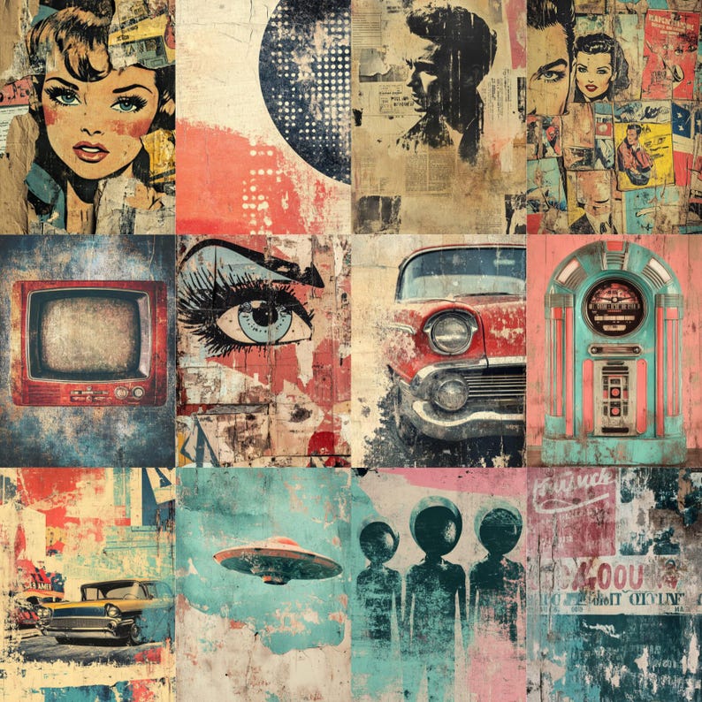 Puede incluir: Una obra de arte estilo collage con im&aacute;genes vintage. El dise&ntilde;o incorpora elementos retro como un coche cl&aacute;sico, una gramola y retratos de arte pop. La paleta de colores incluye tonos rojos, azules y beige, creando una est&eacute;tica nost&aacute;lgica.