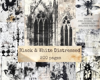 Black & White Distressed Digital Paper, Vintage Ephemera, Gothic Junk Journal, Shabby Chic Grunge Collage Art, junk journal pages, scrapbook