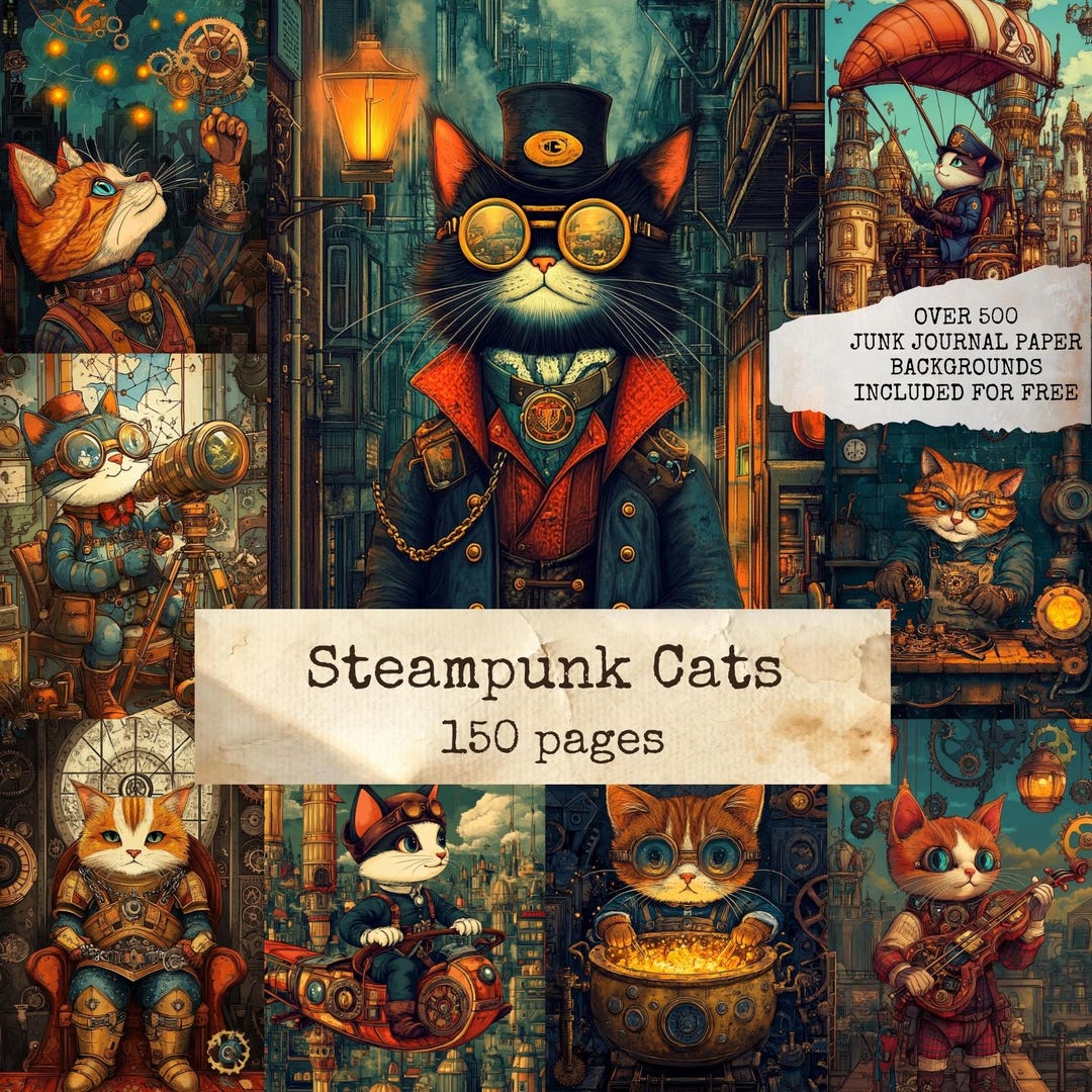 Steampunk Cats Junk Journal Pages, Mechanical Cat Art Digital Papers ...