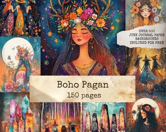 Boho Pagan Junk Journal Pages, Boho Witch Printable, Mystic Moon Backgrounds, Celestial Collage Sheet, Grimoire, Digital Scrapbook Paper