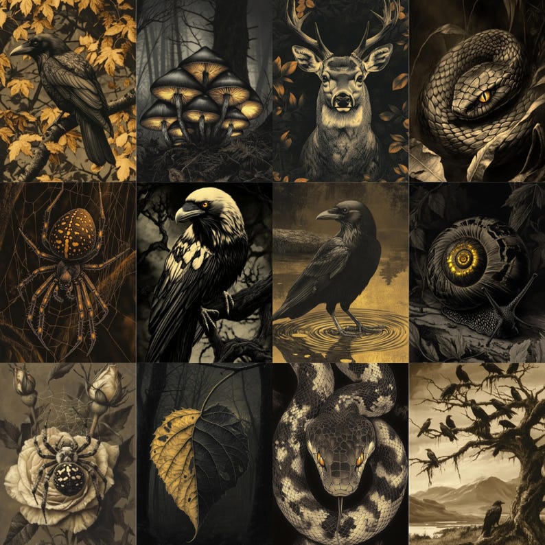 May include: A collection of twelve digital art prints featuring various forest creatures and elements. The images are primarily in shades of black, white, and gold, depicting a raven, deer, snake, spider, mushrooms, and other nature-inspired designs.