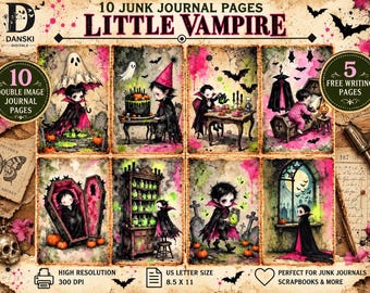 Little Vampire Junk Journal Pages, Cute Gothic Halloween Printable, Vampire Journal Kit, Spooky Scrapbook Paper,  Digital Download