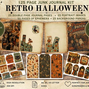 Peut inclure: Un kit de journal créatif rétro Halloween de 125 pages comprenant 25 pages doubles, 25 images portrait, 50 pages d'éphémères et 25 papiers de fond. Le kit présente des illustrations de style vintage avec des citrouilles et des chats noirs.