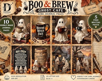 Ghost Coffee Junk Journal Pages, Halloween Cafe Printables, Digital Download  Set One