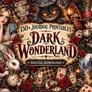 Dark Wonderland Junk Journal-utskrifter, Alice-inspirerade efemera, digital nedladdning