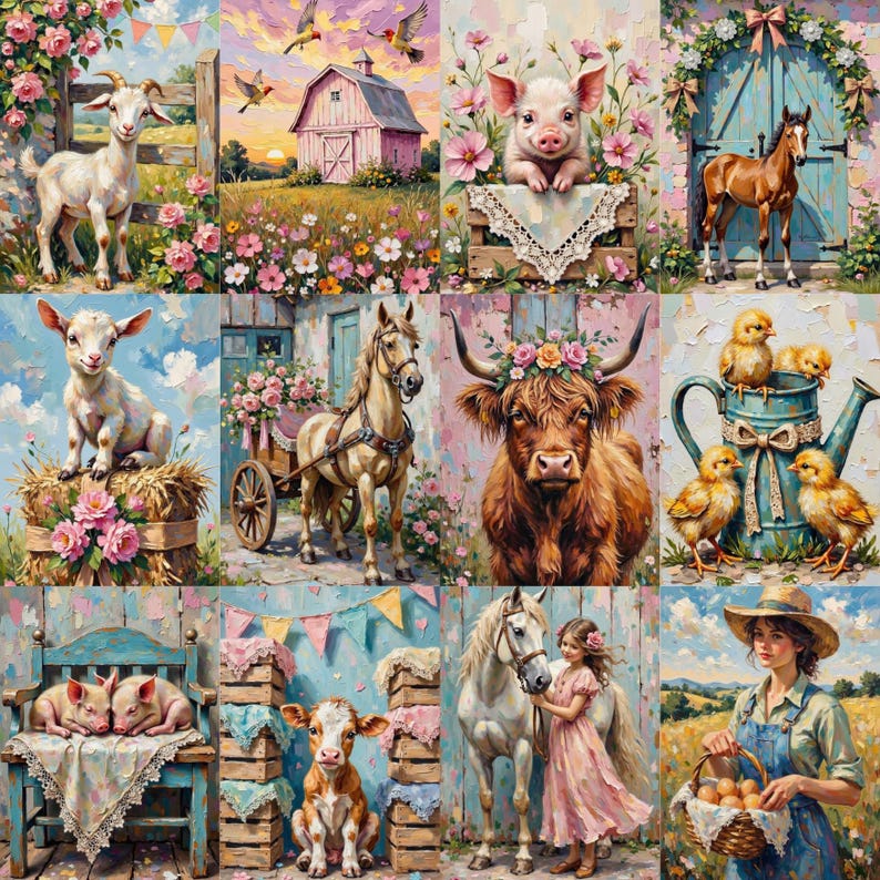 May include: A collection of colorful, pastoral paintings featuring farm animals and rural scenes. The artwork includes a goat, pig, horse, cow, and chicks, surrounded by flowers and set against a backdrop of barns and fields. The style is reminiscent of impressionistic art.