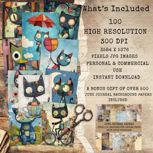 May include: A collection of illustrated cat images with various backgrounds and themes. The images are colorful and whimsical, featuring cats with unique designs. The text on the right side of the image says "What's Included" and lists details about the product.