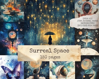 Surreal Space Digital Papers, Cosmic Junk Journal Pages, Celestial Collage Art, Galaxy Textures, Dreamy Universe, Digital Scrapbook Paper
