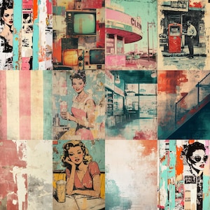 Puede incluir: Un collage de im&aacute;genes de estilo vintage con temas retro. La obra de arte incluye im&aacute;genes de una mujer, un restaurante, una gasolinera y televisores antiguos. La paleta de colores incluye tonos rosas, turquesas y rojos, con un efecto envejecido y texturizado.