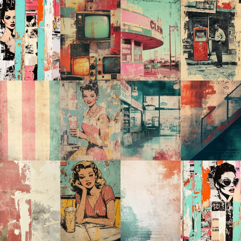 Puede incluir: Un collage de im&aacute;genes de estilo vintage con temas retro. La obra de arte incluye im&aacute;genes de una mujer, un restaurante, una gasolinera y televisores antiguos. La paleta de colores incluye tonos rosas, turquesas y rojos, con un efecto envejecido y texturizado.