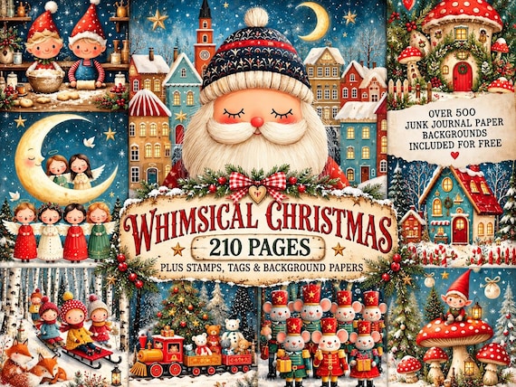 Whimsical Christmas Junk Journal Kit with High Quality Printables, Digital Scrapbook Supplies, and Bonus Stamp, Tag Clip Art Images
