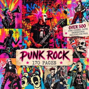 Puede incluir: Un collage digital con imágenes de punk rock en colores neón vibrantes, que incluye un guitarrista con cresta, un baterista, un vocalista con megáfono y una calavera. El texto dice PUNK ROCK 170 PAGES y OVER 500 JUNK JOURNAL PAPER BACKGROUNDS.