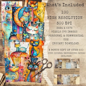 May include: A selection of vibrant cat art prints with imaginative designs. The image features text detailing the digital images, including high resolution, DPI, and personal and commercial use. Includes a bonus gift of junk journal papers.
