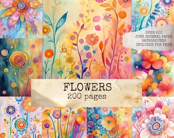 Colorful Flowers Digital Papers, Watercolor Flower Backgrounds, Floral Junk Journal Pages, Printable Paper Set, Digital Scrapbooking Paper