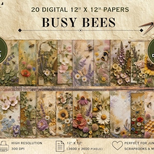 Może przedstawiać: Kolekcja 20 cyfrowych papierów o tytule Busy Bees, każdy o wymiarach 30,48 cm na 30,48 cm. Wzory przedstawiają ilustracje botaniczne, polne kwiaty, słoneczniki oraz plastry miodu z pszczołami, utrzymane w estetyce vintage.