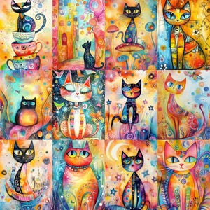 May include: A colourful collage of twelve whimsical cat illustrations. Each cat is uniquely designed with bright colours, patterns, and artistic details. The artwork features a variety of poses and settings, creating a playful and imaginative theme.