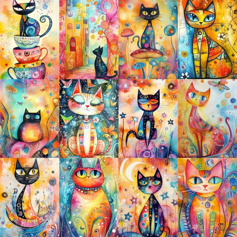 May include: A colourful collage of twelve whimsical cat illustrations. Each cat is uniquely designed with bright colours, patterns, and artistic details. The artwork features a variety of poses and settings, creating a playful and imaginative theme.