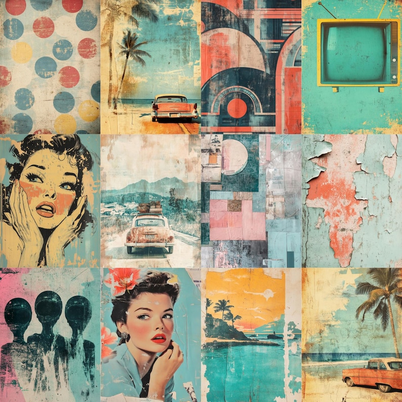 Puede incluir: Un collage de im&aacute;genes de estilo vintage con un tema retro. Las im&aacute;genes incluyen un coche cl&aacute;sico en una playa, una mujer con una expresi&oacute;n de sorpresa y un televisor vintage. La paleta de colores presenta tonos apagados de azul, naranja y amarillo.