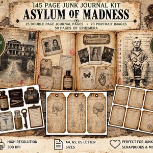 Puede incluir: Un kit de junk journal de 145 páginas titulado Asylum of Madness, que incluye 25 hojas de diario de doble página, 70 retratos y 50 páginas de efímeros. El kit contiene documentos médicos de estilo vintage, dibujos anatómicos y texturas de papel envejecido.