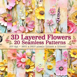 May include: A digital collection of 20 seamless patterns featuring 3D layered flowers in shades of pink, yellow, and white. The image includes the text 3D Layered Flowers 20 Seamless Patterns 300 dpi - 3600 x 3600 pixels (12inch x 12inch) and DANSKI.