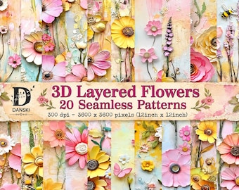 3D Flower Seamless Pattern, Layered  Art, Floral Digital Junk Journal Kit, Decoupage Paper, Pastel Flowers, Scrapbook, Digital Download