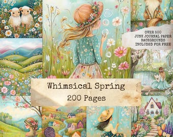 Pagine di diario di primavera stravaganti, carte stampabili Cottagecore Spring, fiori pastello, animali ed effimere, download digitale, album
