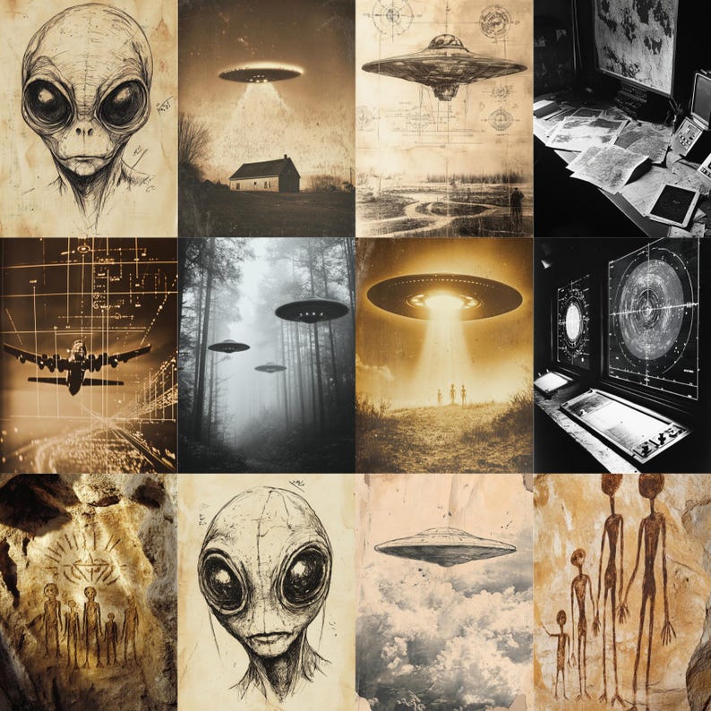 Alien Abduction Digital Papers, UFO Junk Journal Pages, Vintage Sci Fi ...