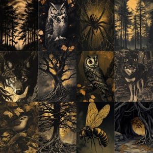 May include: A collection of sepia-toned illustrations featuring forest scenes and wildlife. Images include an owl, wolf, spider, trees, and a bee. The artwork has a vintage, gothic aesthetic, with a focus on nature and the mystical.